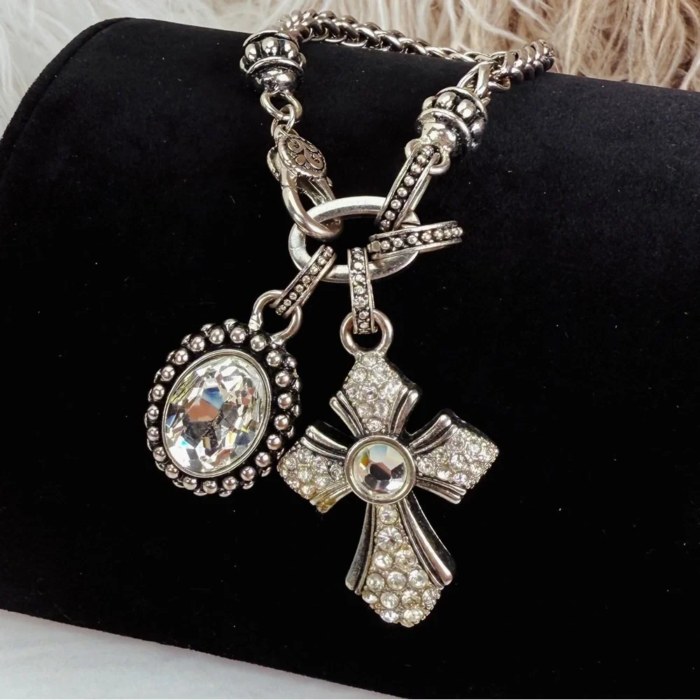 Vintage Silvertone Statement Bracelet Cross Oval Charm Decorative Hook Closure